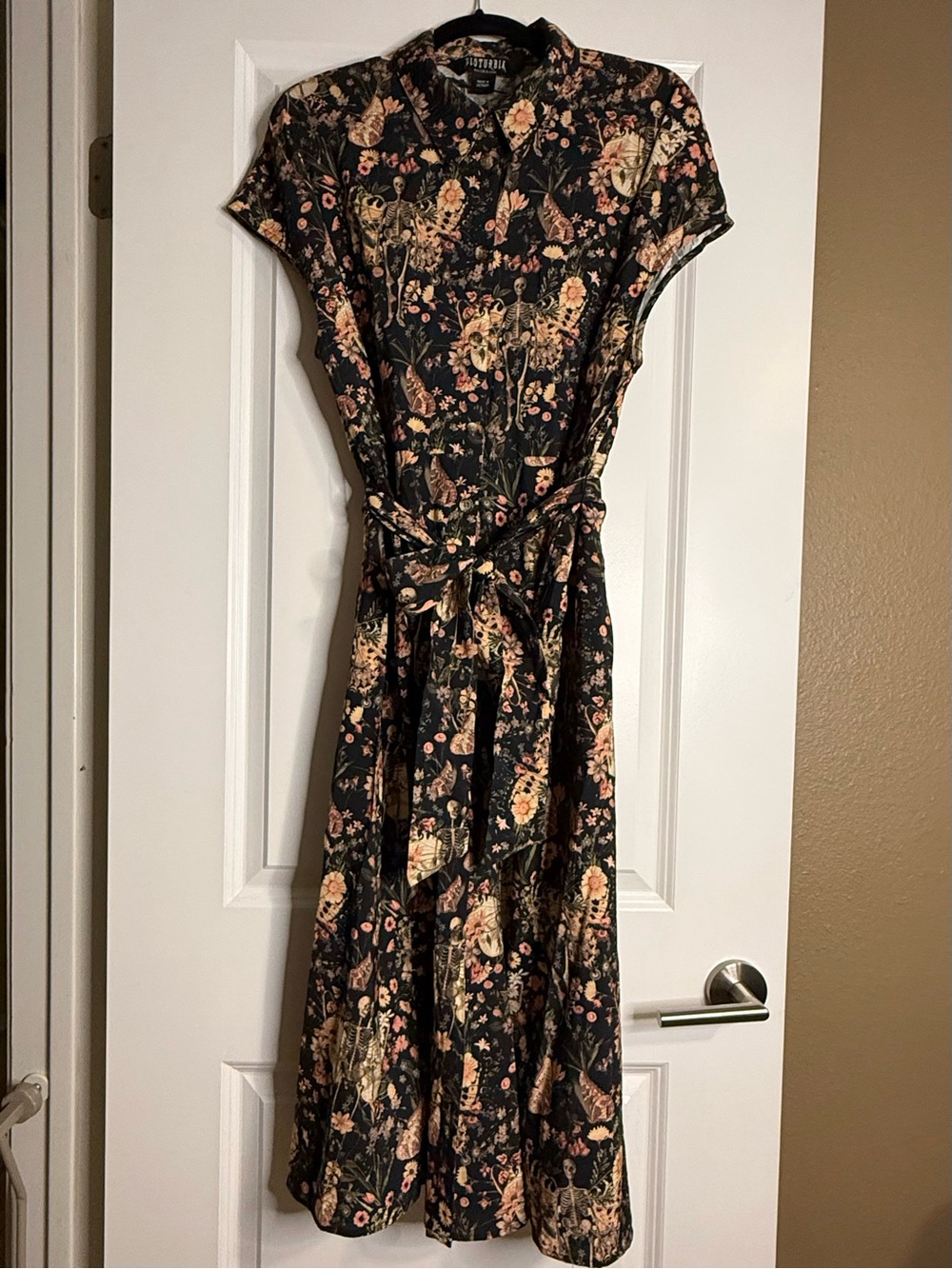 NWT Disturbia Goth Pixie Skeleton Floral Tie-Waist Midi Shirt Dress US12 - Picture 8 of 12